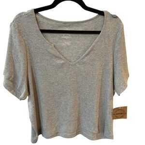 One Step Up Ribbed Knit Top V-Neck Short Sleeve Casual Comfy Heather Gray 3X